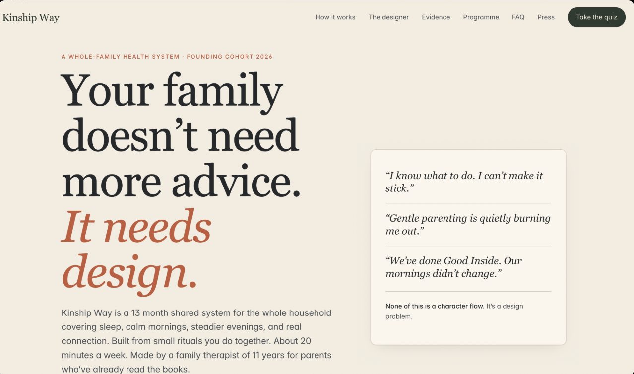 The rebuilt Kinship Way site: a cream page with a large serif headline and a column of parent quotes