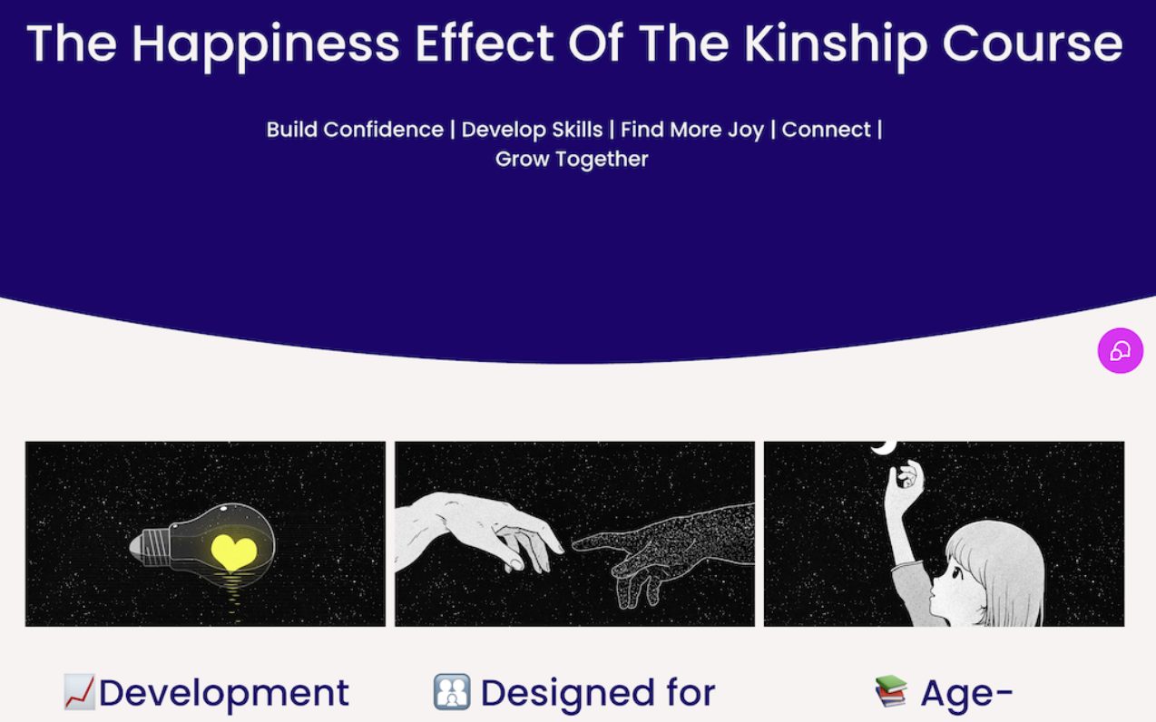 The original Kinship course site: a purple banner reading The Happiness Effect Of The Kinship Course