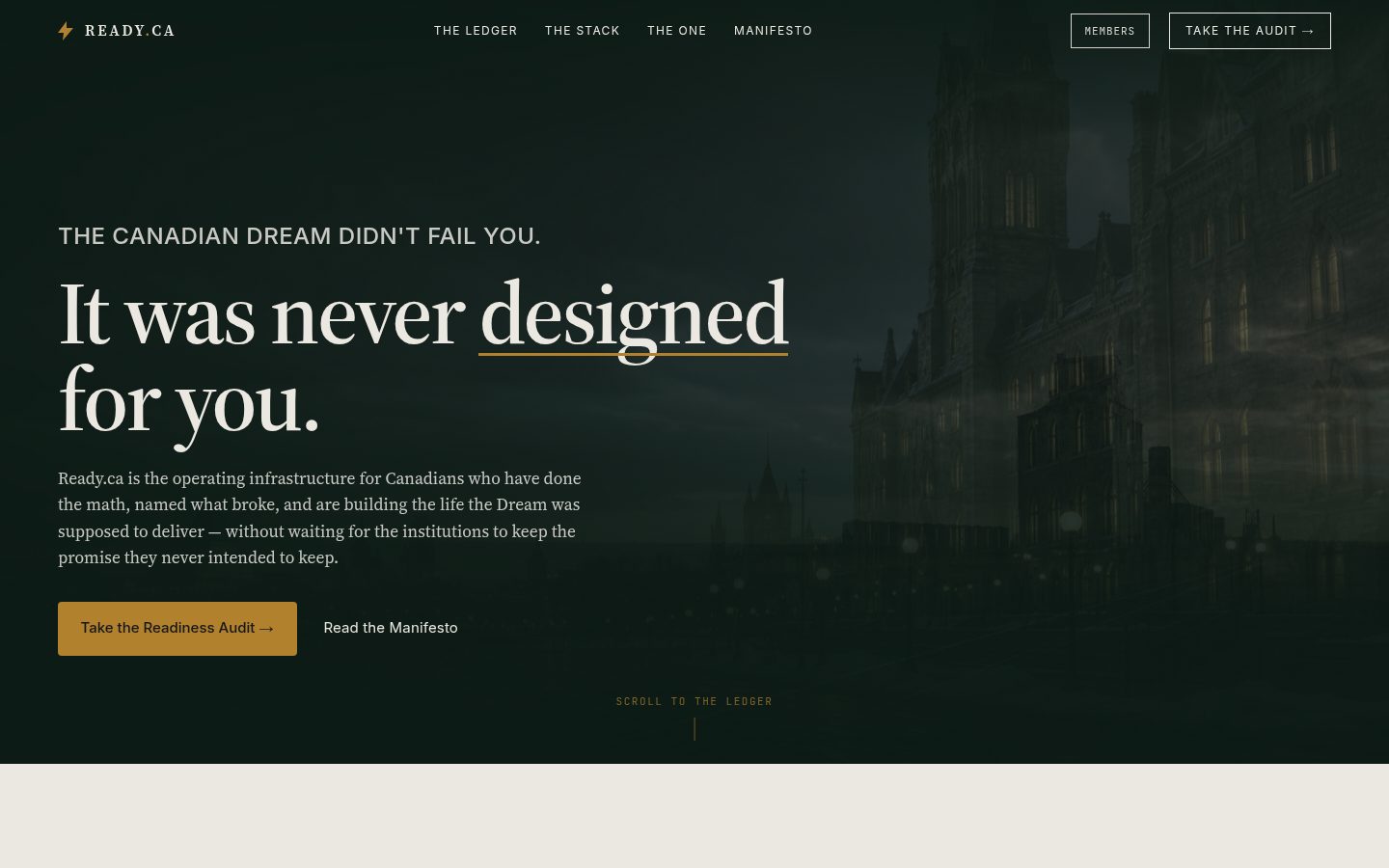 The rebuilt Ready.ca homepage: a dark hero with a serif headline over Parliament