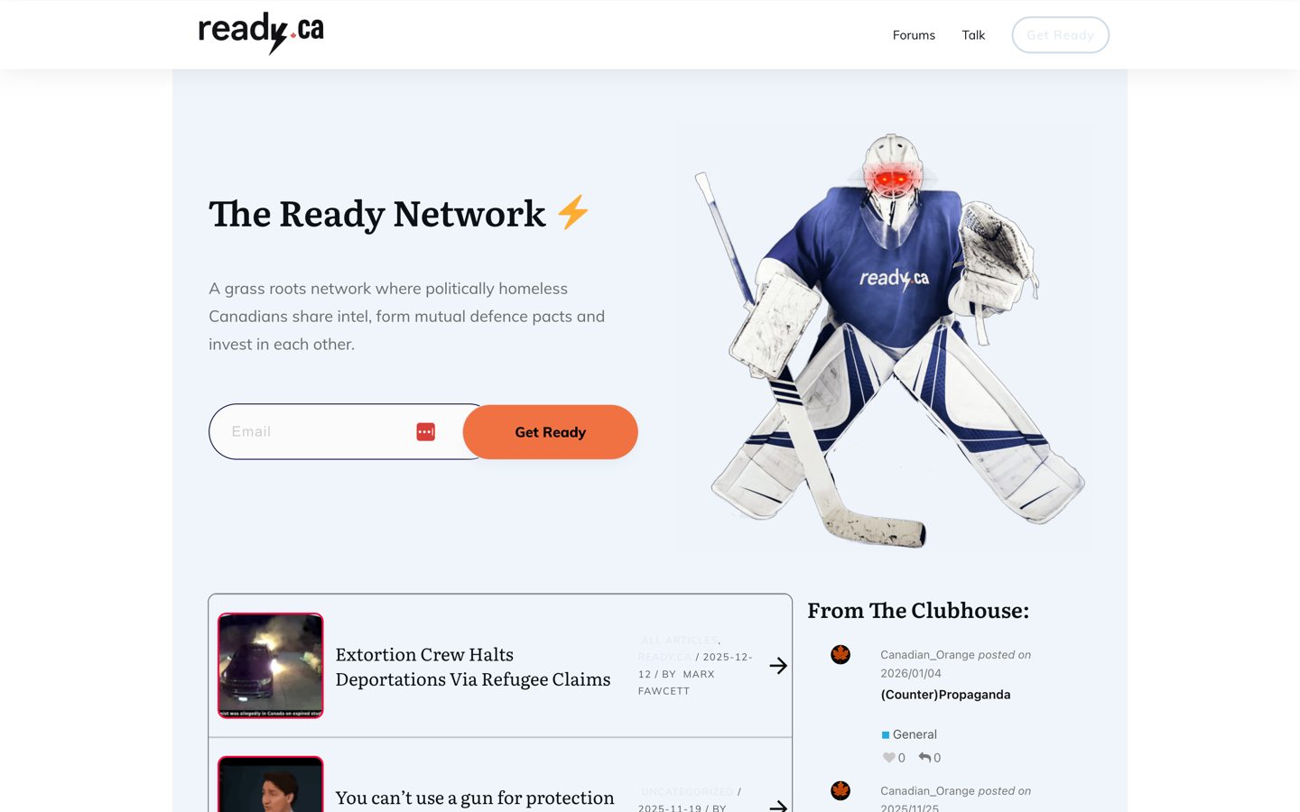 The Ready.ca homepage in February 2026: a hockey-goalie mascot beside an email sign-up form